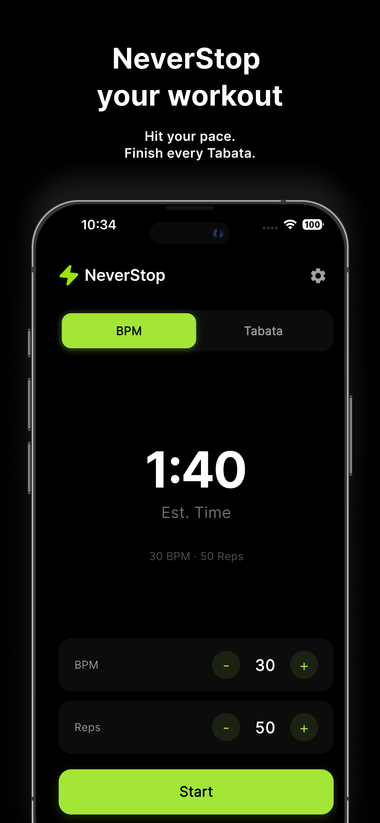 NeverStop Dashboard - BPM and Tabata mode selection with estimated time display